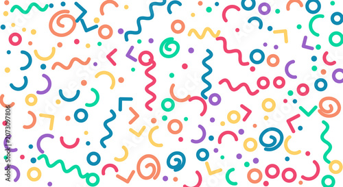 Abstract confetti and streamers pattern on transparent background, festive and colorful celebration elements.