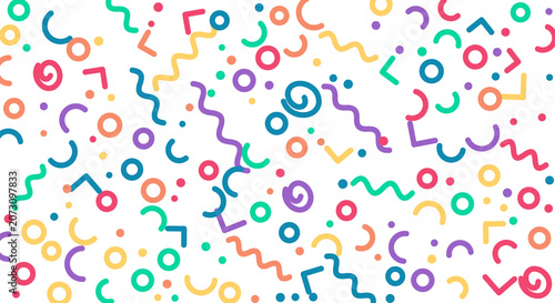 Festive abstract pattern with confetti and streamers on transparent background for celebrations.