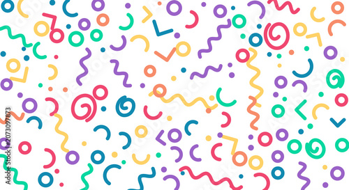 Abstract festive pattern with colorful confetti and streamers on transparent background.