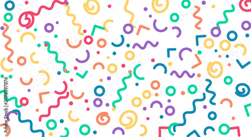 Colorful abstract confetti and streamers scattered on transparent background, lively celebration elements.