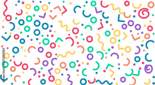 Memphis style geometric pattern background with colorful hand drawn shapes.