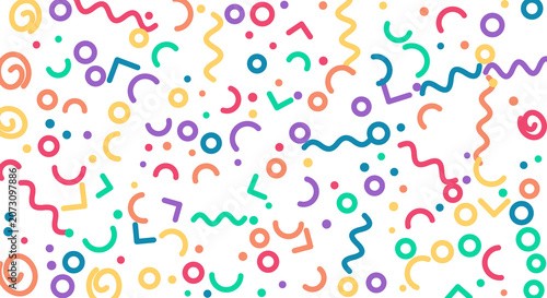 Vibrant memphis style pattern with colorful abstract geometric retro shapes.