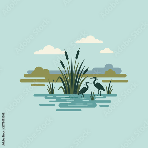 Flat vector illustration of herons in a marshland
