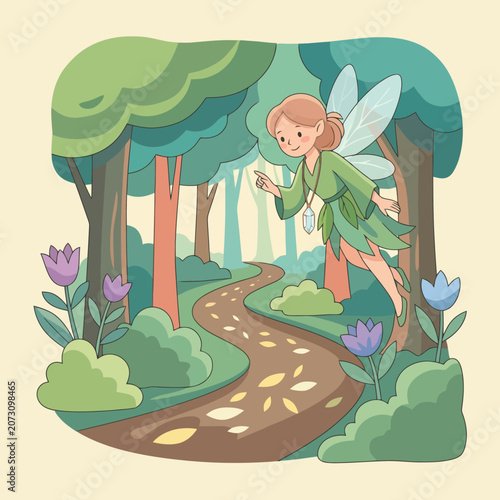 A small winged forest creature flies along a winding woodland path