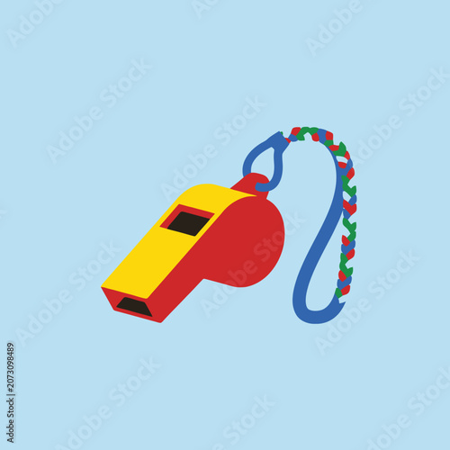 A colorful plastic whistle with a braided cord on blue background