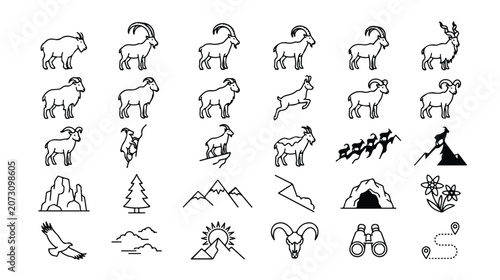 Mountain Goat and Wildlife Vector Icon Set, 30 Black Line Art Icons for Outdoor Adventure, Hiking, and Nature Exploration, Alpine Animals and Landscape Elements