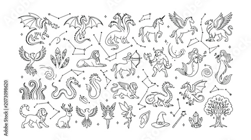 Mythical creatures and fantasy animals, a collection of hand-drawn line art illustrations. Enchanting magical beasts, legendary monsters, and celestial constellations for storytelling and design