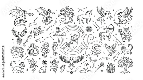 Mythical creatures and fantasy animals, a magical vector line art collection. Mystical beasts, legendary monsters, and magical beings, a celestial graphic resource for storytelling and design