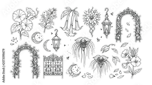 Mystical botanical vector collection, enchanting flora and fauna, celestial elements, magical garden arches, and ornate lanterns, perfect for fantasy designs and witchy aesthetics.