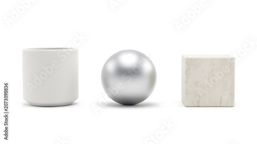 Premium 3D Geometric Objects with Silver Sphere and White Marble Pedestals.