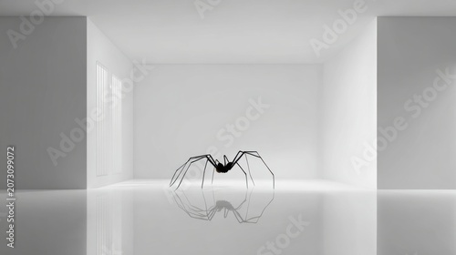 Abstract Black Spider Sculpture in Minimalist White Room Design