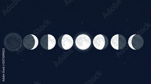 Minimalist moon phases cycle illustration on dark starry night sky background, showing lunar stages from new to full.