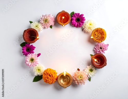A circular arrangement of vibrant flowers and lit diyas on a plain white background