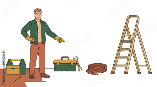 Man standing with toolbox hose wrench and stepladder illustration