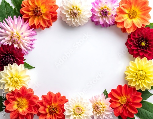 A circular arrangement of vibrant flowers in shades of pink, orange, and yellow on a white background