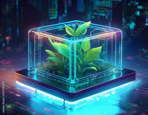3d eco tech cube with glass frame plant core neon code