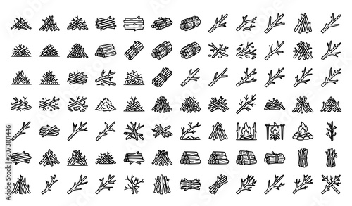 Branches Pile and Brushwood Line Icons Set Dry Twigs Campfire Fuel Editable Stroke Vector Collection