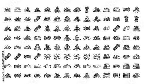 Photos Brushwood Branches Pile and Campfire Kindling Thin Line Icons Set Editable Strok