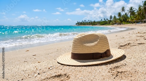 Straw hat resting on a pristine tropical beach by the turquoise ocean.