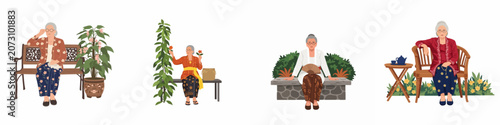Foto Collection of illustrations featuring elderly Indonesian women wearing traditional kebaya and batik sarongs while relaxing in various garden settings on a white background