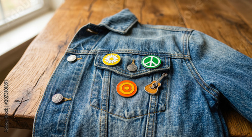 Denim Jacket Displaying Colorful Pins on Wooden Table