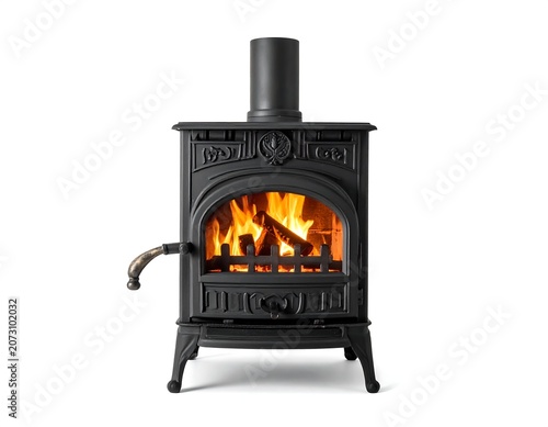 A black cast-iron wood-burning stove with a lit fire