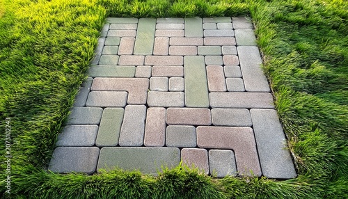 square permeable paving stone with green grass for driveway design