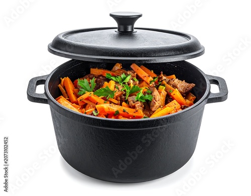 A black cast-iron pot filled with food and herbs