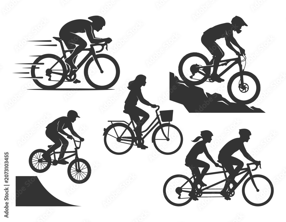 Obraz premium Endurance Road Bike Racer Vector Graphics - Aerodynamic Cyclist Silhouette Poses for Marathon and Cycling Club Merch