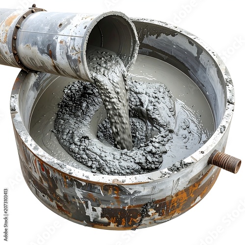 A close-up of a rusty metal drum with gray cement pouring from a pipe into it