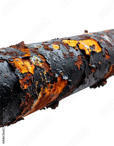 A close-up of a rusty, corroded metal pipe with peeling orange paint