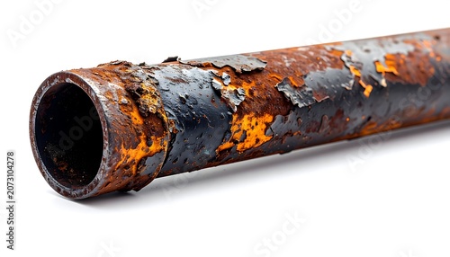 A close-up of a rusty metal pipe with peeling paint and visible corrosion