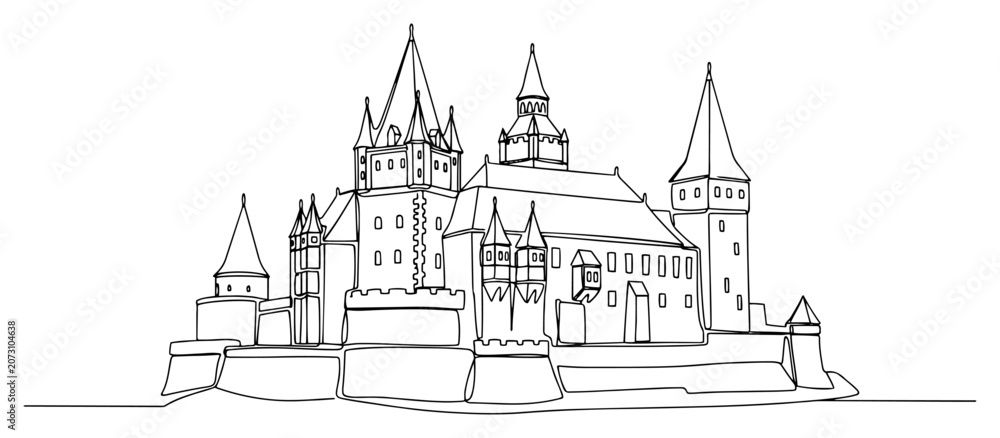 Obraz premium Medieval gothic castle with high towers and stone fortress walls in continuous line art style