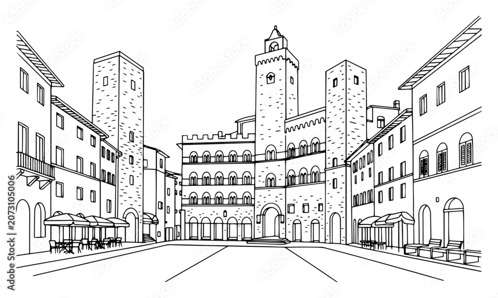 Obraz premium Medieval square of San Gimignano in Tuscany Italy continuous line art