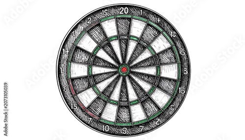 A circular dartboard with white and black sections, green rings, and a red center