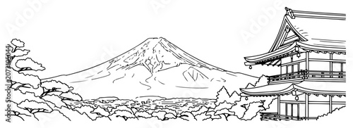 Foto Mount Fuji with traditional Japanese temple pagoda in continuous line art style