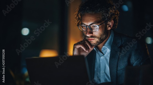 Man in glasses working late on laptop in dark room with blurred background lights