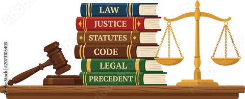 Law and Justice Vector Illustration Featuring Stacked Legal Books Wooden Judge Gavel and Golden Balance Scale for Lawyer Office and Courthouse Designs