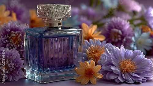 Elegant purple perfume bottle with crystal cap surrounded by beautiful flowers.