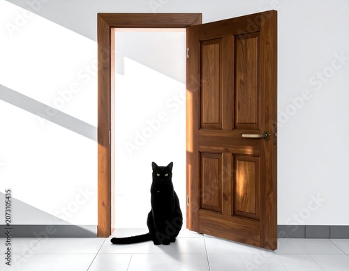 A black cat sits facing an open wooden door leading to bright white space