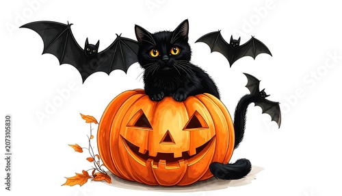 A black cat sits on a jack-o'-lantern with bats and autumn leaves