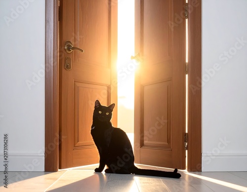 A black cat sits on a tiled floor before two ajar wooden doors as sunlight streams in