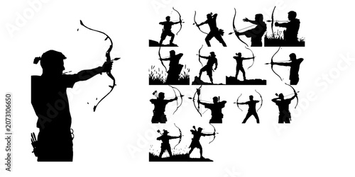 Fotografie Man Testing An Arrow On A Longbow Silhouette