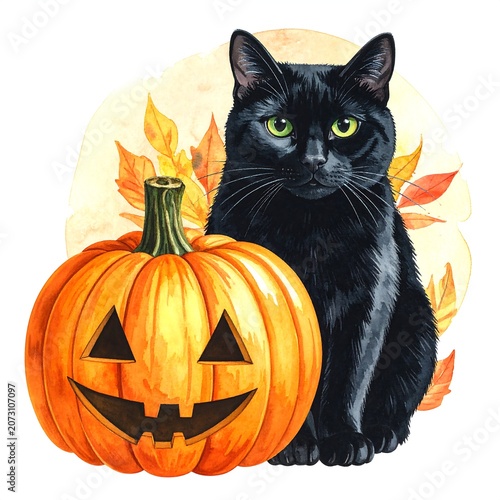 A black cat sitting beside a carved orange pumpkin with autumn leaves