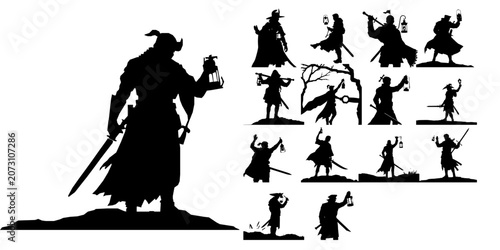 Fotografía Man With A Sword And Lantern Silhouette