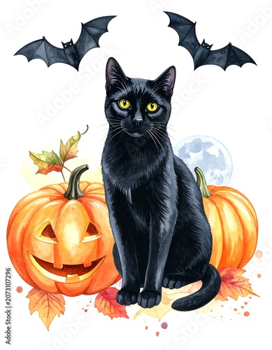A black cat sitting beside a jack-o'-lantern with bats and a moon