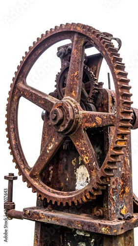 A close-up of a rusty old mechanical device with a large gearwheel