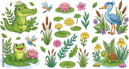Photography Cute Swamp Animal and Pond Plant Vector Element Set with Cartoon Crocodile Frog