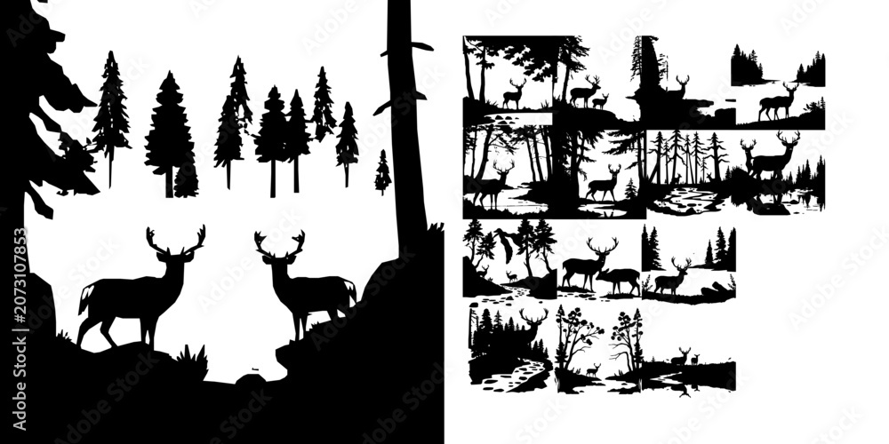 Fototapeta premium Pair Of Deer By A Forest Stream Silhouette