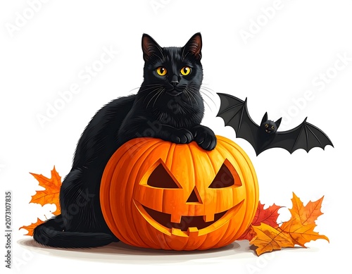 A black cat sitting on a carved jack-o'-lantern surrounded by autumn leaves and a bat